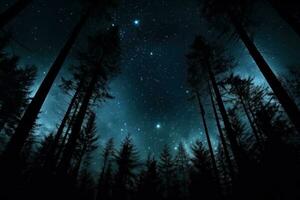 noche cielo en bosque, ver de estrella en noche cielo mediante árbol almuerzos ai generativo foto