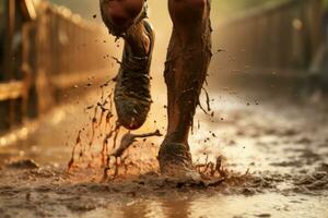 grupo de cerca patas corredores corriendo en tierra . atletismo en el lodo. ai generativo . foto