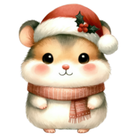 Watercolor Cute Hamster Wearing A Santa Hat and Scarf AI Generative png