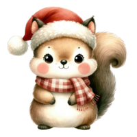 Watercolor Cute Squirrel Wearing A Santa Hat and Scarf AI Generative png