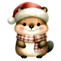 Watercolor Cute Beaver Wearing A Santa Hat and Scarf AI Generative png