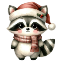 Watercolor Cute Raccoon Wearing A Santa Hat and Scarf AI Generative png