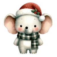 aquarelle mignonne l'éléphant portant une Père Noël chapeau et écharpe ai génératif png