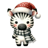 Watercolor Cute Zebra Wearing A Santa Hat and Scarf AI Generative png