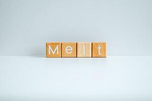 Wooden blocks form the text Melt against a white background. photo