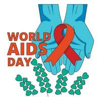 International AIDS Day. Illustration with hands holding red ribbon symbol. Vector graphic.