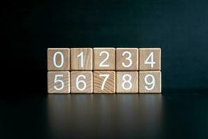 Several wooden blocks arranged from 0-9 horizontally against a black background. photo