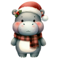 Watercolor Cute Hippopotamus Wearing A Santa Hat and Scarf AI Generative png