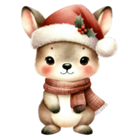 Watercolor Cute Kangaroo Wearing A Santa Hat and Scarf AI Generative png