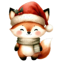 Watercolor Cute Fox Wearing A Santa Hat and Scarf AI Generative png