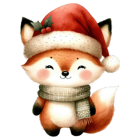 aquarelle mignonne Renard portant une Père Noël chapeau et écharpe ai génératif png