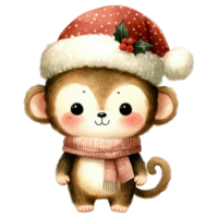 Watercolor Cute Monkey Wearing A Santa Hat and Scarf AI Generative png