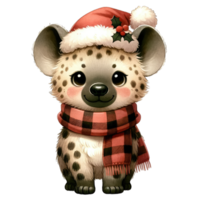 Watercolor Cute Hyena Wearing A Santa Hat and Scarf AI Generative png