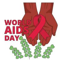 International AIDS Day. Illustration with hands holding red ribbon symbol. Vector graphic.