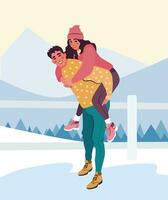 Beautiful happy couple hugging affectionately in winter warm clothes. Man and woman in love, spending time together outdoors. Mountain view background. vector