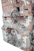 Destroyed old brick home stove concept photo. Damaged vintage oven on backyard. png