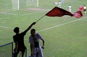 Skopje, North Macedonia - 12 September 2023 - Football fans in Skopje, North Macedonia, waving a Albanian flag during a football match photo