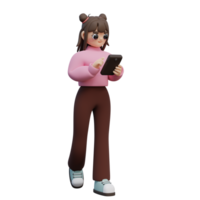 3d ilustração do jovem menina andar e olhando às Smartphone. personagem clique com dedo em tela. png