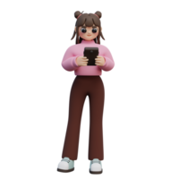 3D Illustration of Young Girl Walk and Looking at Smartphone. Character Using a Mobile Device. png