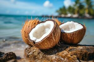 Fresh coconut on the beach AI Generative photo