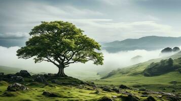 un solitario árbol detrás el montaña ver ai generativo foto