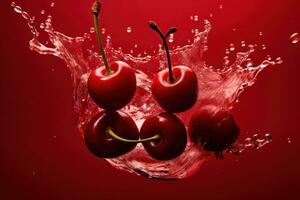 Water splash on red cherrys over red background. Generative Ai photo