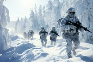 Soldiers in winter camouflage patrolling a snowy landscape, showcasing military preparedness. Generative Ai photo