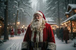 Papa Noel claus en un Nevado, encantado bosque, creando un mágico y caprichoso fiesta escena. generativo ai foto