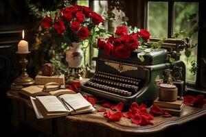 A vintage desk covered in love letters, red roses, and elegant quills, creating an atmosphere of timeless romance. Generative Ai photo