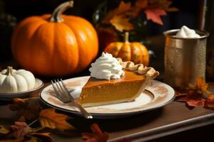 A slices of homemade pumpkin pie with whipped cream, a quintessential dessert for Thanksgiving. Generative Ai photo