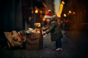 un reconfortante imagen de un niño donando juguetes a un caridad durante el vacaciones. generativo ai foto
