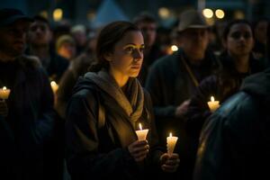 personas participativo en un luz de una vela vigilia a simbolizar paz, armonía, y el rechazo de intolerancia. internacional día para tolerancia concepto. generativo ai foto