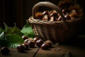 Artistic shots of fresh chestnuts spilling out of a rustic basket, highlighting their natural beauty. Generative Ai photo