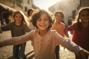 niños desde varios cultural antecedentes jugando juntos, representando el esperanza para un armonioso futuro. generativo ai foto