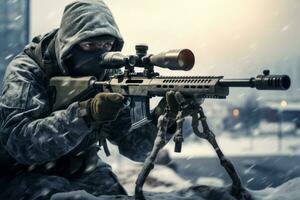 A scout sniper in cold-weather prepares his shot on target using a sniper rifle. Generative Ai photo