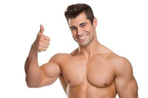 Joyful muscular man, sporting short hair, positioned against a transparent background. He is approval by giving a thumbs up with hand. Generative AI photo