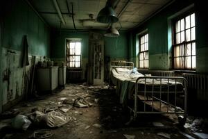 Mysterious Hospital gurneys inside spooky abandoned asylum. Generative AI photo