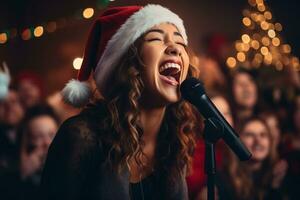 amigos correaje fuera fiesta melodías a un temática de karaoke Navidad reunión. generativo ai foto