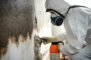 A professional technician in protective gear working to remove mold from a home. Generative Ai photo