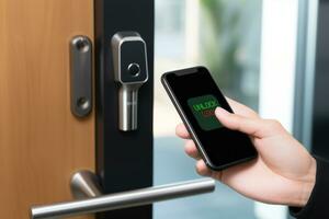 A close-up of a hand holding a key fob or smartphone to unlock a smart door lock. Generative Ai photo