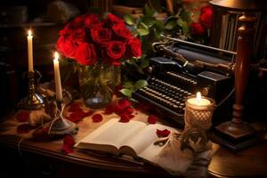 A vintage desk covered in love letters, red roses, and elegant quills, creating an atmosphere of timeless romance. Generative Ai photo