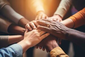A diverse hands coming together in a symbol of unity, emphasizing the importance of harmony among people. Generative AI photo