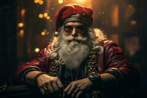 Rugged and cool interpretation of Santa Claus. He is wearing sunglasses and red leather jacket. Alternative bad Santa Claus. Generative AI photo