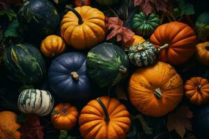 Different hues and strains of pumpkin displayed against fallen leaves . Generative Ai photo