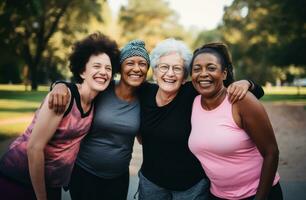 Multiracial senior women enjoying in park after workout lesson. Generative Ai photo