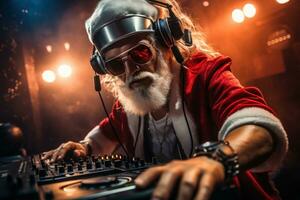 Dj Santa Claus at Christmas party featuring in a festive outfit, mixing tracks on a mixer. The partygoers are bathed in colorful lights as they dance and revel to the lively music. Generative AI photo