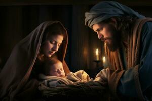 The Holy Family, with Mary, Joseph, and the newborn Jesus in the manger, emphasizing the essence of the Christmas story. Generative Ai photo