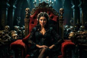 A provocative vampire woman sitting on a throne made of skulls. Halloween Concept. Generative Ai photo