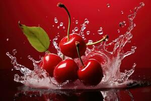 Water splash on red cherrys over red background. Generative Ai photo