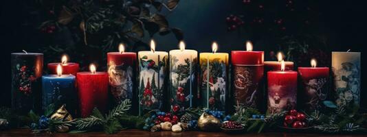 Artisanal candles decorated with holly leaves, berries and snowflakes clustered together with coordinating gift tags and ribbons. Generative Ai photo